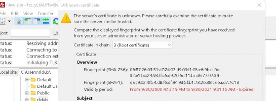 Filezilla Issue! Unknown Certificate Warning.