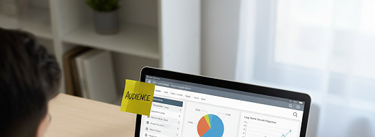A professional overhead workspace scene showing a person analyzing niche options on a laptop. The sc